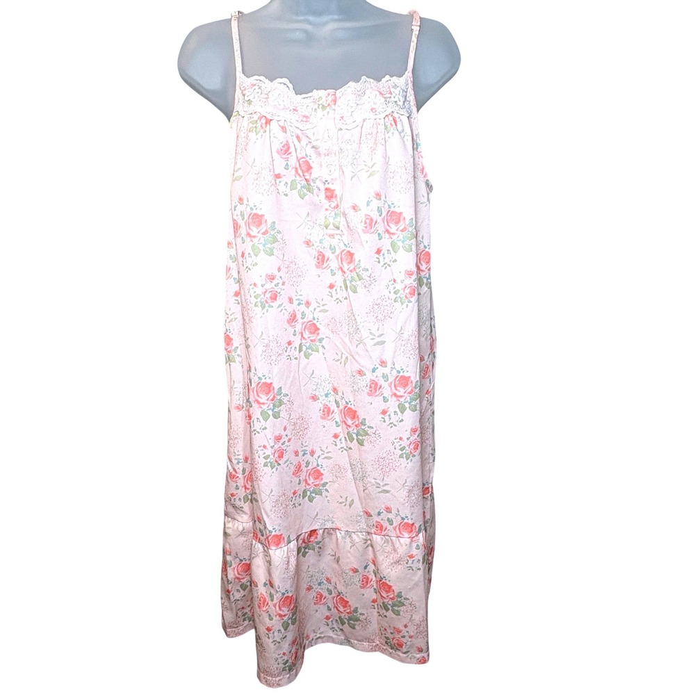 Ekouaer Nightgown Medium Pink Floral Lace Trim Sleeveless Cotton Sleepwear Dress